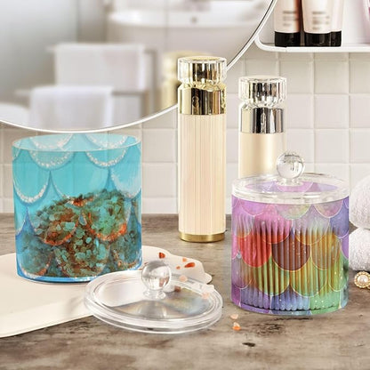 2 Pack Qtip Dispenser Apothecary Jars with Lids Cotton Round Holder Bathroom Canisters for Cotton Swab Floss Ball Pads Clear Plastic Decorative Blue Fish Scale