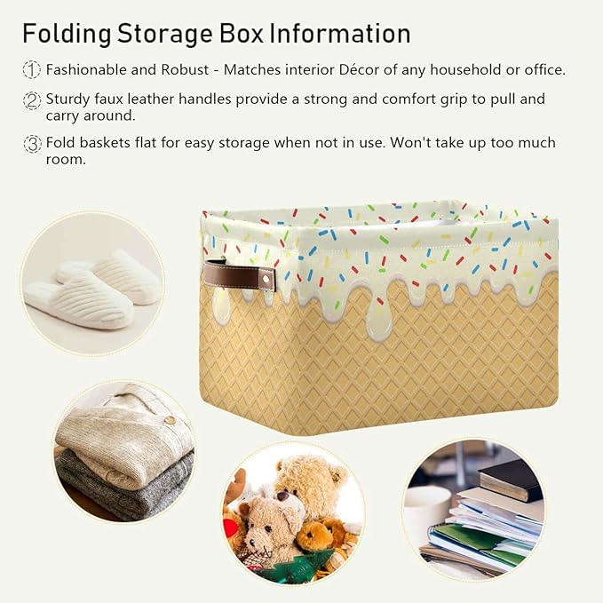 Ice Cream Texture Storage Basket Bin, Large Cube Storage Box Canvas Collapsible Storage Organizer for Home Office Closet - 15 L x 11 W x 9.5 H