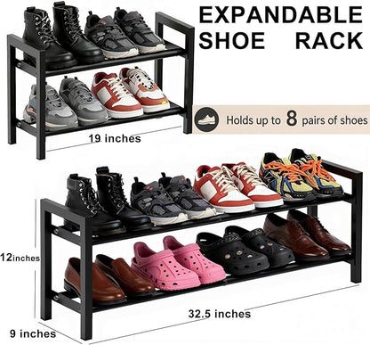 Expandable 2-Tier Shoe Rack Adjustable Shelf Organizer for Entryway Closet Freestanding Narrow Shoe Storage Cabinet for Small Spaces Holds 4-10 Pairs Heels Sneakers (Black, 2 Tier)