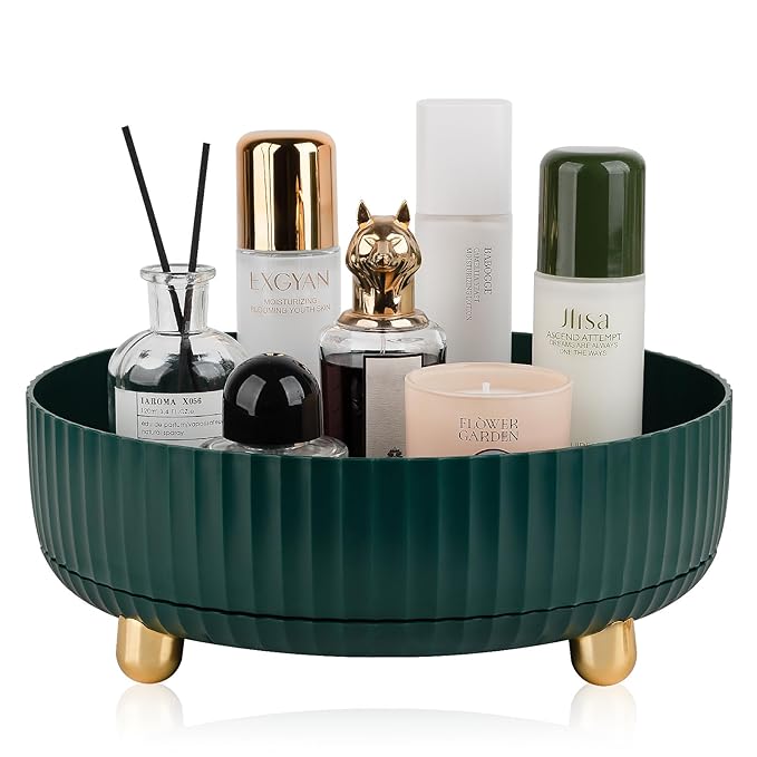 Anyoifax Makeup Perfume Organizer Tray 360 Degree Rotating Lazy Susan Skincare Lotion Organizer Spinning Cosmetics Storage for Dresser, Vanity, Bathroom Countertop, Large Teal Green