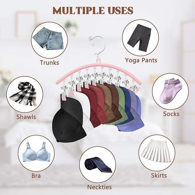 3 Pack Hat Hangers for Closet Display, Metal Hat Organizer for Baseball Caps with 30 Clips, Hats Rack Holder for Closet, Hats Storage for Baseball Caps Beanie Accessories Men Women, Pink