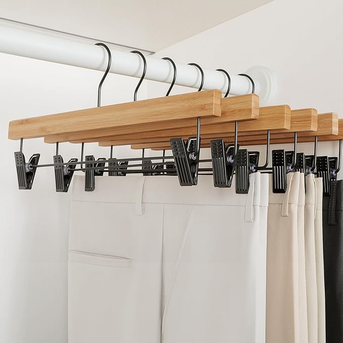 TOPIA HANGER Pants Hangers 20 Pack, Bamboo Clothes Hangers with Black Clips and Rotatable Hook, Durable Natural Wooden Hangers for Skirts, Pants, Jeans, Shorts - CTS06
