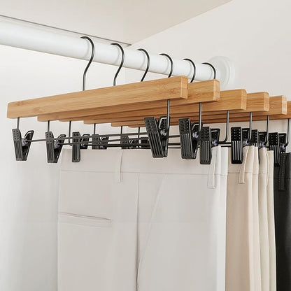 TOPIA HANGER Pants Hangers 20 Pack, Bamboo Clothes Hangers with Black Clips and Rotatable Hook, Durable Natural Wooden Hangers for Skirts, Pants, Jeans, Shorts - CTS06