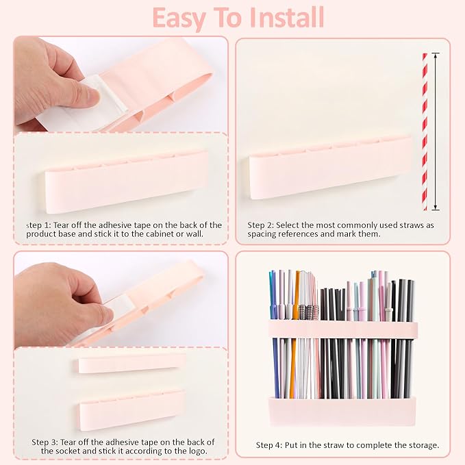 Strong Adhesive Backing Straw Storage Box, Split Type Silicone Straws Dispenser Adjustable Height Straw Holder for Cabinet (Pink)