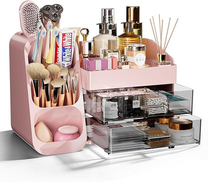 Makeup Organizer with Drawers for Vanity Bathroom Counter Organizers and Storage, Large Skincare Organizer with Brush Toothbrush Holder for Perfume, Nail Polish, Dresser, Office Supplies, Pink
