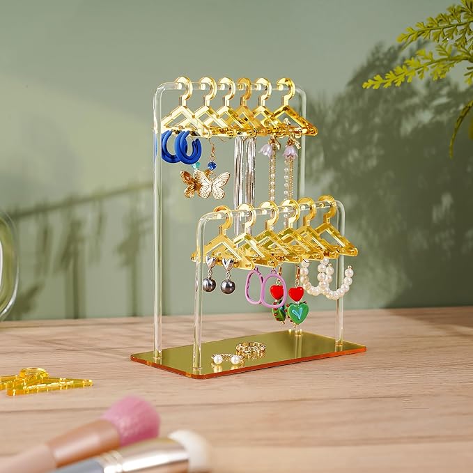 NiHome Glitter Acrylic Earring Holder with Unique Double-Tiered Design, Miniature Clothing Hangers with Spacious Storage for 48 Pairs, Mirror-Finish Display for Home Vanity & Retail Showrooms(Gold)