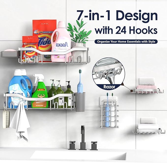 NESOMI Shower Caddy Adhesive Shower Organizer 7-Pack, Rustproof Stainless Steel Bathroom Shelves, Large Capacity No-Drill Rack Storage Accessories with Soap Dish Toothbrush Holder Hooks