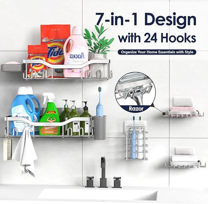 NESOMI Shower Caddy Adhesive Shower Organizer 7-Pack, Rustproof Stainless Steel Bathroom Shelves, Large Capacity No-Drill Rack Storage Accessories with Soap Dish Toothbrush Holder Hooks