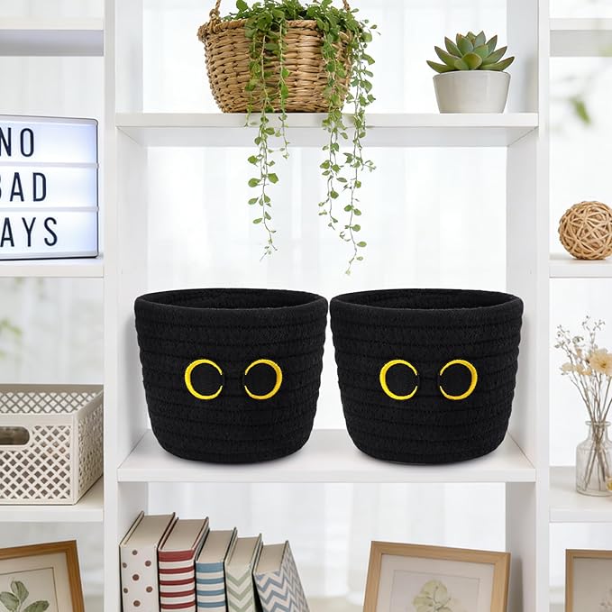 2 Pack Black Cat Makeup Brush Holder- Cute Cat Oval Mini Woven Cotton Rope Basket, Small Comb Brush Storage Decorative Empty Basket for Pencil Cosmetics Organizer Wedding Lover Gift,4 x 4 IN