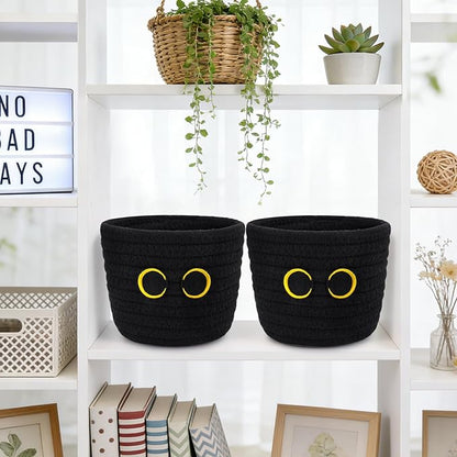2 Pack Black Cat Makeup Brush Holder- Cute Cat Oval Mini Woven Cotton Rope Basket, Small Comb Brush Storage Decorative Empty Basket for Pencil Cosmetics Organizer Wedding Lover Gift,4 x 4 IN