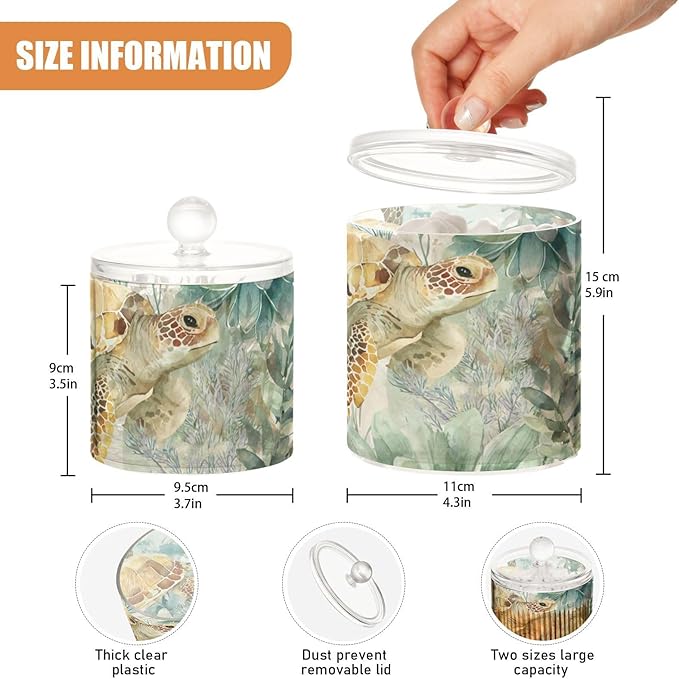 2 Pack Qtip Dispenser Apothecary Jars with Lids Cotton Round Holder Bathroom Canisters for Cotton Swab Floss Ball Pads Clear Plastic Decorative Sea Turtle Starfish Plants