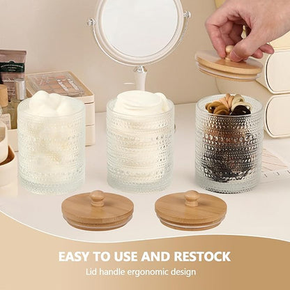 eggs sound 3 Pack Qtip Holder - Bathroom Organizers and Storage, Cotton Round Pad Holder Floss Pick Cotton Ball Holder with Tray, Glass Apothecary Jars with Lids, -clear y D