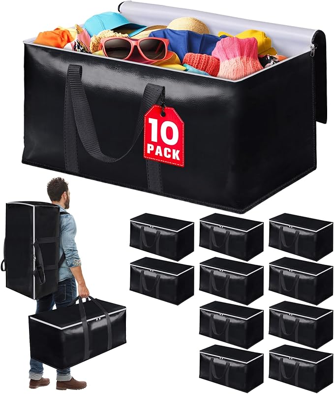 StoreHappily Heavy-Duty & Extra Capacity Moving Bags with Backpack Straps, Storage Totes with Double Zipper & Strong Handles, Packing Bags Alternative to Moving Boxes, Moving Supplies (10 Pack, Black)