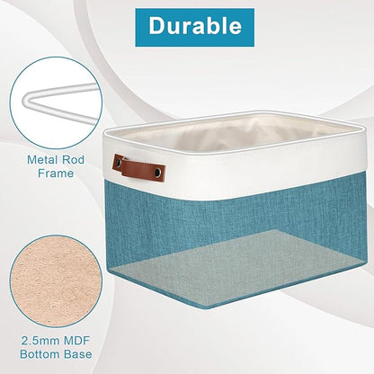 Bagnizer Storage Bins Large Fabric Storage Baskets for Shelves 3 Pack, Decorative Linen Closet Baskets with Handles for Organizing, Shelf, Clothes, Home, Office, 15x11x9.5Inches (Teal&White)