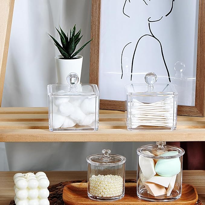 SheeChung Modern Square Acrylic Qtip Holder - Clear Apothecary Jar with Lid - Bathroom Vanity Storage Canister for Cotton Swabs, Balls, Pads - Compact Makeup Sponge Organizer