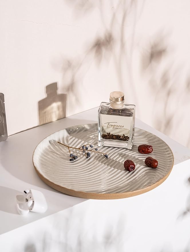Vanity Tray with Brown Trim - Candle & Perfume Holder Organizer - Round White 11"11" - Home Decor for Dresser, Table, Bathroom Countertop