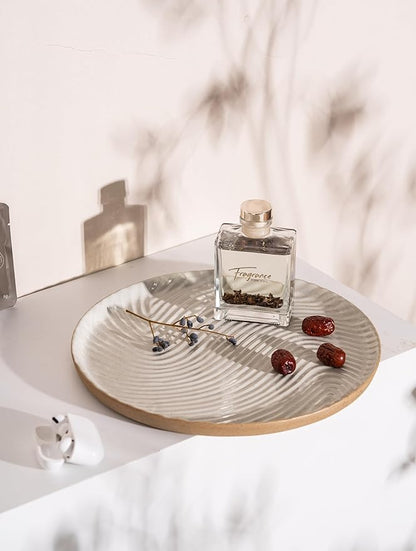 Vanity Tray with Brown Trim - Candle & Perfume Holder Organizer - Round White 11"11" - Home Decor for Dresser, Table, Bathroom Countertop
