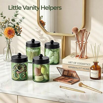 Amolliar 4 Pack Apothecary Jars Bathroom Vanity Storage Organizer Set -Countertop Canister with Stainless Steel Lids &Stickers Qtip Dispenser Holder for Cotton Swab (Green-black Lid)