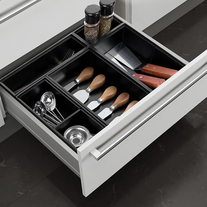 Bamboo Drawer Organizer,5 PCS Black Silverware Tray&Desk Organizers and Storage,Cabinet Divider With Removable Bathroom Organization for Kitchen,Utensils,Junk,Office,Makeup