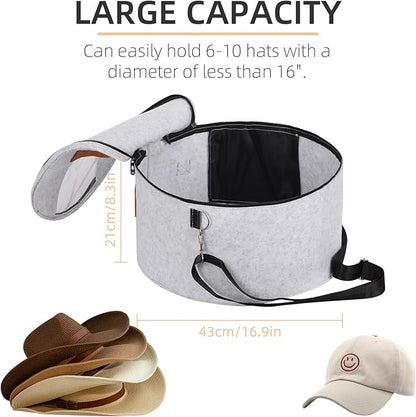 Pehciroe Round Hat Storage Box, Portable Felt Travel Hat Boxes for Women & Men with Translucent Dustproof Lid and Shoulder Strap for Various Types of Hats/Clothes & Toy Storage/Closet Organizer, Grey
