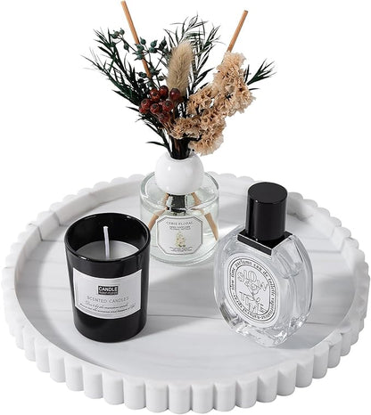 Round Bathroom Tray Silicone Kitchen Counter Decor Vanity Organizer Decorative Coffee Table Tray for Perfume, Candle, Soap Dish, 9 Inch, Marble