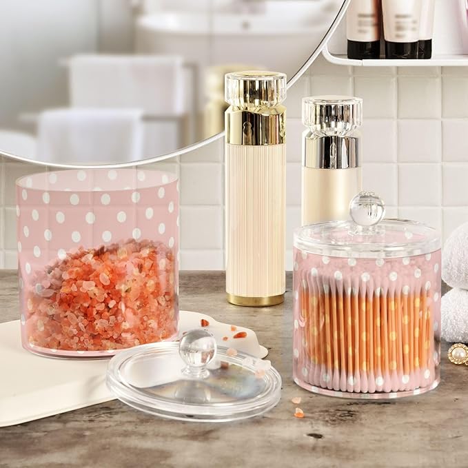 2 Pack Qtip Dispenser Apothecary Jars with Lids Cotton Round Holder Bathroom Canisters for Cotton Swab Floss Ball Pads Clear Plastic Decorative Pink Polka Dots