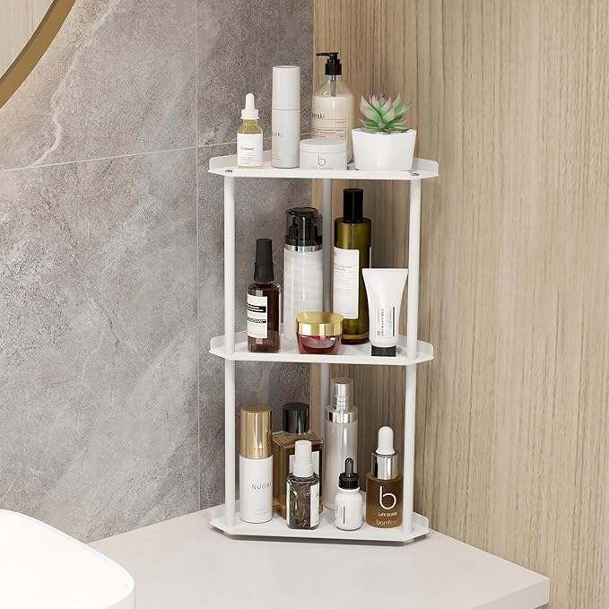 Jesginboo 3 Tier Bathroom Counter Organizer, Vanity Organizer Corner Shelf, Skincare, Makeup Countertop Organizers, Kitchen, Bathroom Counter Storage, White