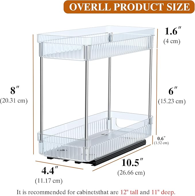 DABIGE 2 Pack Pull Out Spice Rack Organizer for Cabinet, 2 Tier Slide Out Spice Racks Organizer, Spice Cabinet Organizers, Cabinet Size Need:12'' High x 11'' Deep x 5'' Wide, Clear Acrylic