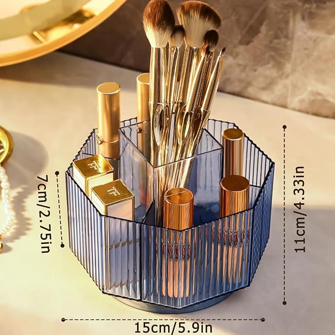 LINFIDITE 360°Rotating Makeup Organizer Holder Cosmetic Display Case Clear Makeup Brush Lip Gloss Organizer Case with 5 Slots Round Turntable Storage Tray for Vanity, Bathroom, Counter Organizer Blue