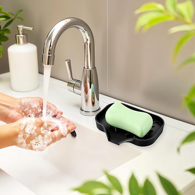 Sponge Holder with Drain Spout, Silicone Soap Dish for Bathroom & Kitchen, Rubber Shower Soap Holder, Easy to Clean, Quick Drying(Black, 4.92" x 3.9")