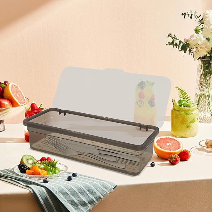6 Pcs Flatware Tray with Lid Large Plastic Drainer Silverware Utensil Clear Drawer Organizer Cutlery Storage Container Box Dinnerware Holder with Cover for Home Kitchen Travel