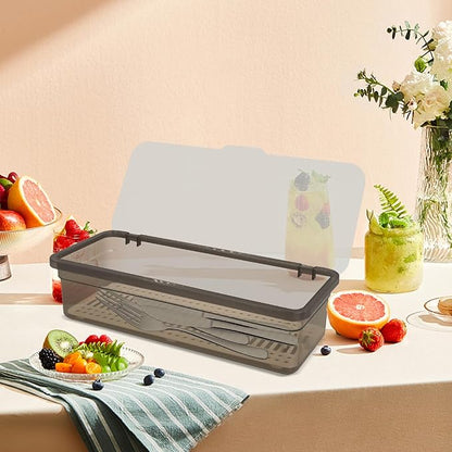 6 Pcs Flatware Tray with Lid Large Plastic Drainer Silverware Utensil Clear Drawer Organizer Cutlery Storage Container Box Dinnerware Holder with Cover for Home Kitchen Travel