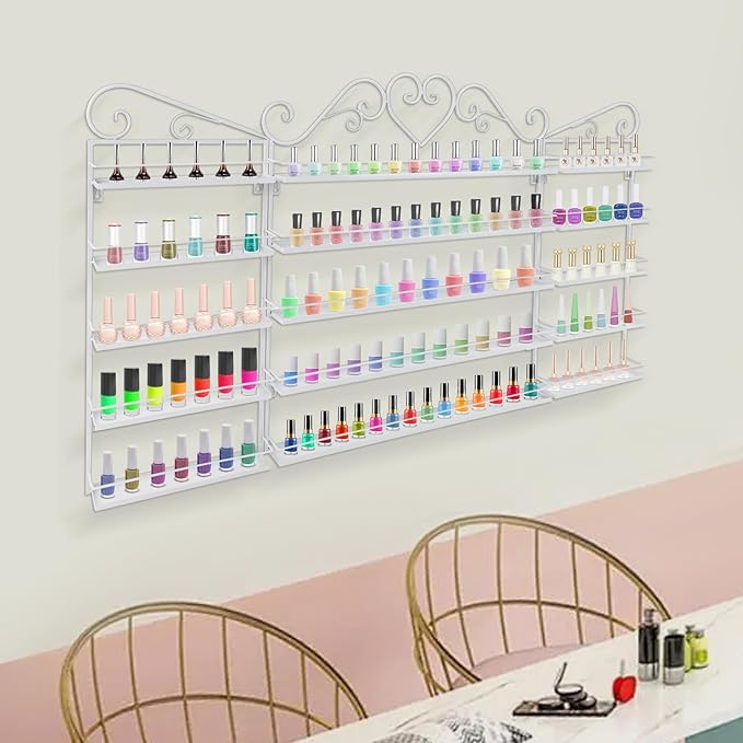 5 Tiers Wall-Mounted Nail Polish Storage Racks Metal Nail Polish Holder Cosmetic Display Case Lipstick Perfume Wall-Mounted Shelf for Home Spa Nail Salon Shop