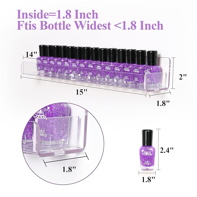 Nail Polish Organizer Wall Mounted, 6 Pack Clear Nail Polish Wall Rack, Acrylic Display Shelf Stand Holder for Paint Tattoo Ink Essential Oil Alcohol Holds Up to 90 Bottles,15 Inch