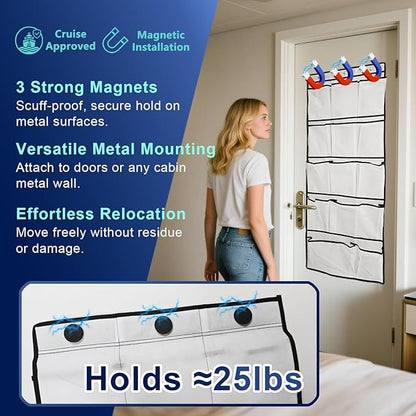 Magnetic Cruise Door Organizer – 13-Pocket Hanging Storage with 2 Large Shoe Pockets, No Hook Needed, Includes 3 Bonus Hooks, 2025 2026 Cruise Ship Essentials for Cabin, Bathroom, or Closet Use