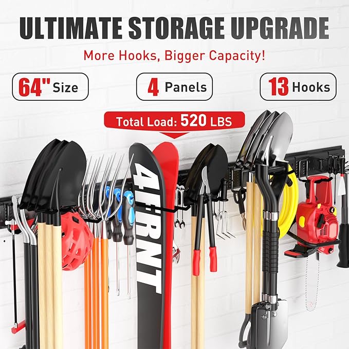 Garage Tool Organizer Wall Mount 66 inches with 13 Adjustable Heavy-Duty Hooks, Garage Organization, Garden Tool Storage Rack, Yard, and Shed, Holds Up to 520 lbs