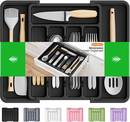 SpaceHacks Silverware Organizer，Adjustable & Expandable Utensil Drawer Organizer, BPA Free Utensil Holder, Cutlery Tray for Forks, Spoons, Knives in Kitchen, Medium, Black