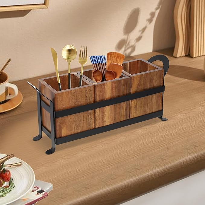 Wood Flatware Caddy Organizer with Handle, 3 Compartments Silverware Holder, Rustic Countertop Utensil Cutlery Holder for Hotel Kitchen Banquet Restaurant Bar