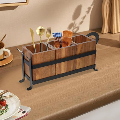Wood Flatware Caddy Organizer with Handle, 3 Compartments Silverware Holder, Rustic Countertop Utensil Cutlery Holder for Hotel Kitchen Banquet Restaurant Bar