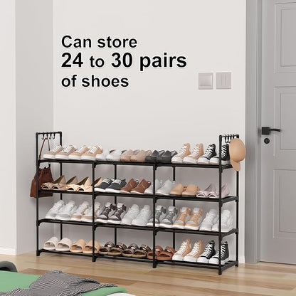 3 Row 4 Tier Long Shoe Rack, Black Metal Stackable Shoe Shelf with Multifunctional Hooks, Shoe Storage Hold 24-30 Pairs, Space Saving Shoe Organizer for Closet,Wide Shoe Rack