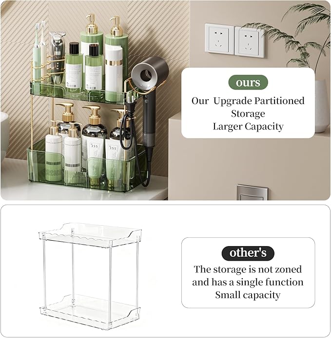Bathroom Counter Organizer for Vanity, Makeup Organizer Countertop with Holder, Large Capacity Storage Rack, Perfect Large Skincare, Hair Care, Perfume, Easy to Install (Green, 2Tiers)