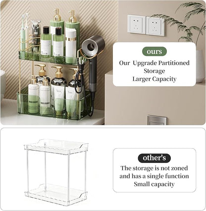Bathroom Counter Organizer for Vanity, Makeup Organizer Countertop with Holder, Large Capacity Storage Rack, Perfect Large Skincare, Hair Care, Perfume, Easy to Install (Green, 2Tiers)