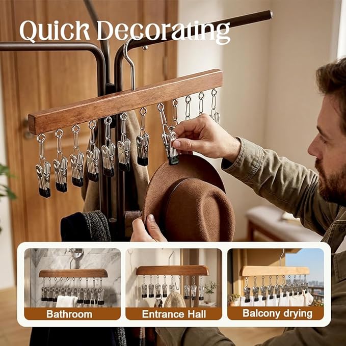 Closet Organizer with 10 Clips, Space Saving Hanging Closet Organizer, Legging Hanger for Closet Organizer with 10 Clip for Storing Jeans, Legging, Shorts (Wood+Black-10 Clips, 2PCS)