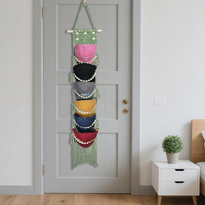 Halidali Hat Organizer for Baseball Caps, Hat Racks Cotton Rope Weaving Cap Stand, Handmade Macrame Hanging Hat Display Holder for Door Storage, Closet, Bedroom (Green, Set of 2)