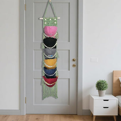 Halidali Hat Organizer for Baseball Caps, Hat Racks Cotton Rope Weaving Cap Stand, Handmade Macrame Hanging Hat Display Holder for Door Storage, Closet, Bedroom (Green, Set of 2)