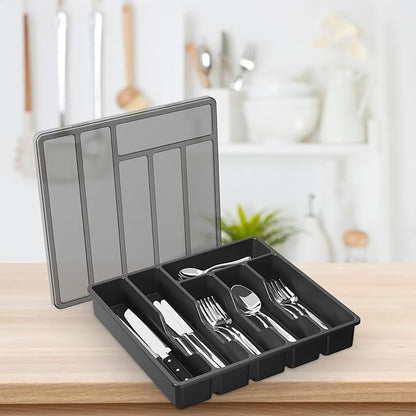 Cutlery Drawer Organizer, Silverware Organizer With Lid, Covered Utensil Tray For Kitchen Drawer And Countertop, Plastic Cutlery And Flatware Storage Box For Spoons Forks Holder Case, 6 Compartments