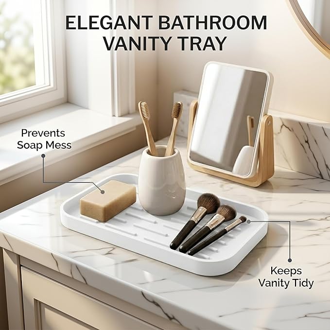 Silicone Organizer Tray, Soap and Sponge Holder for Kitchen Sink, Bathroom - Storage Tray for Dish Brush, Soap Dispenser, Dishwashing Accessories-(White 1 Pack, 10"x5.3")