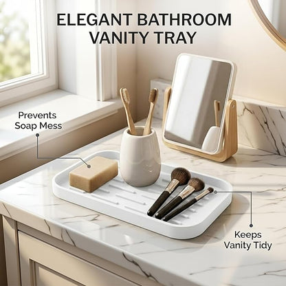 Silicone Organizer Tray, Soap and Sponge Holder for Kitchen Sink, Bathroom - Storage Tray for Dish Brush, Soap Dispenser, Dishwashing Accessories-(White 1 Pack, 10"x5.3")