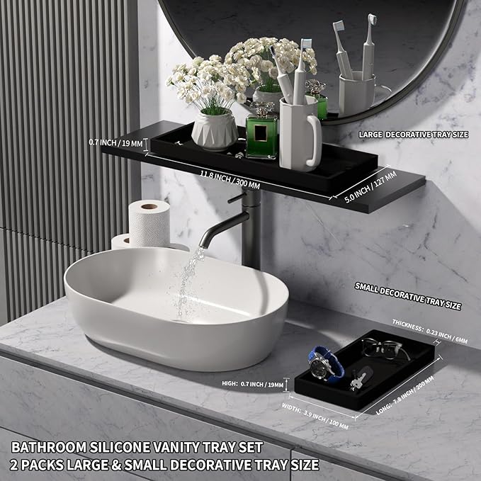 BBK Bathroom Vanity Tray- 2 Pack (7.8" and 11.8") Silicone Bathroom Tray for Counter, for Perfume Key Trinket Ring Soap Organization - Black