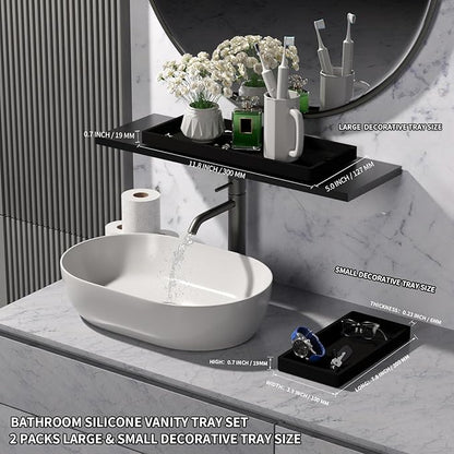 BBK Bathroom Vanity Tray- 2 Pack (7.8" and 11.8") Silicone Bathroom Tray for Counter, for Perfume Key Trinket Ring Soap Organization - Black